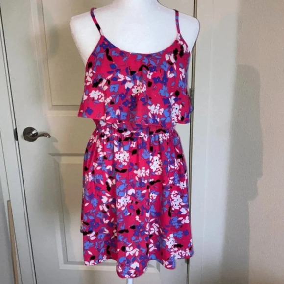 Elle Sundress Large Pink Purple Floral Print Ruffled Cute Casual Dress Summer - Picture 1 of 15